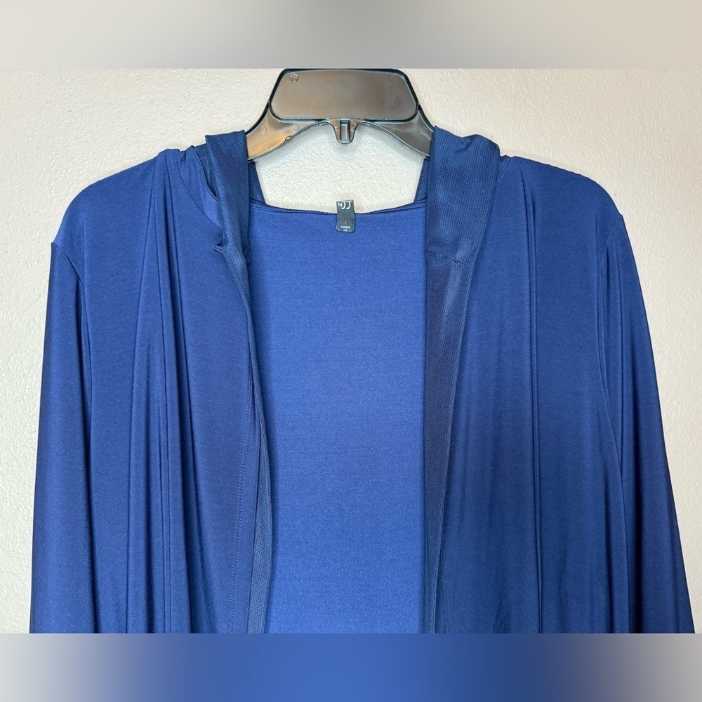 By JJ Navy Blue Duster Hooded Cardigan Size Large Flowy Pockets Long Sleeves - Picture 7 of 15
